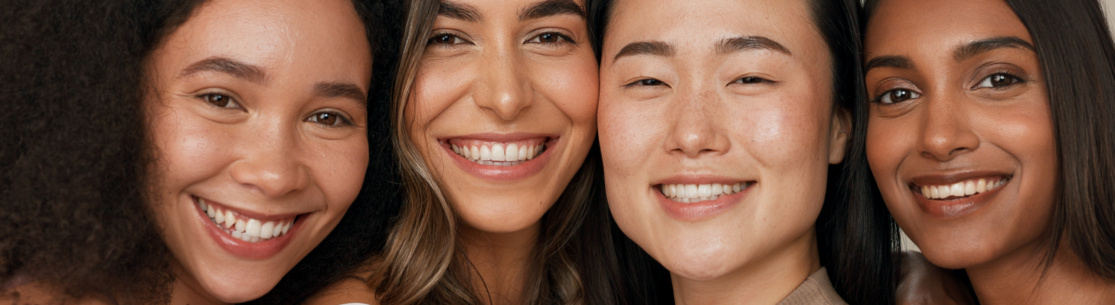 Skincare group, face or women smile for anti aging cosmetics, beauty glow and spa wellness support. Equality, cosmetology closeup or diversity portrait of unique friends together on studio background.